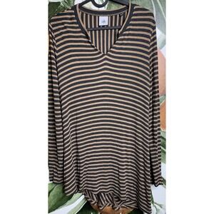 CAbi XS Slant Tee Tunic Top Camel Black Stripe Long Sleeve Asymmetrical Hem